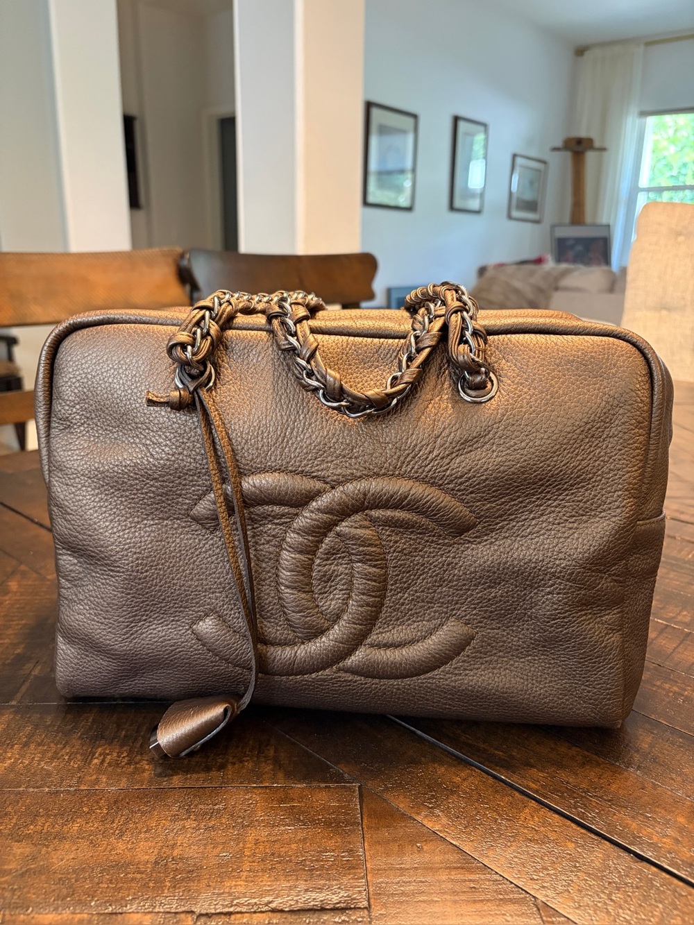 CHANEL Brown/Bronze Large Luxe Ligne Bowler Bag